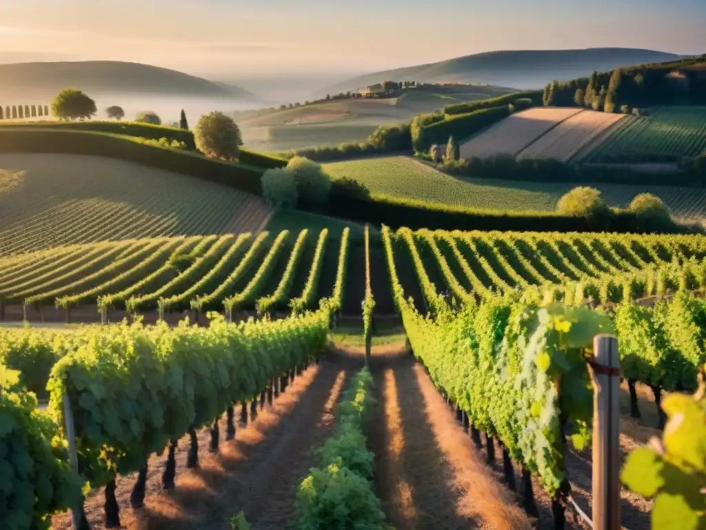 Viñedo sereno al atardecer en Francia, con filas de uvas bajo cielo despejado