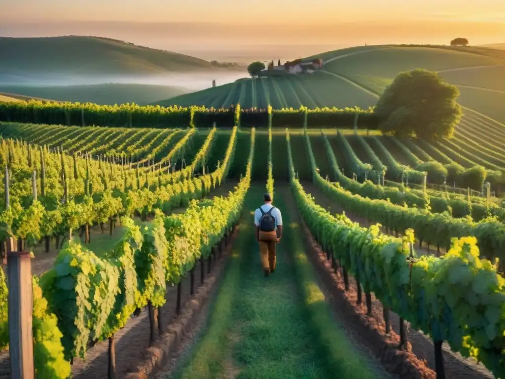 Un viñedo sereno al atardecer con filas de uvas, bodega de piedra y luz dorada, evocando tranquilidad