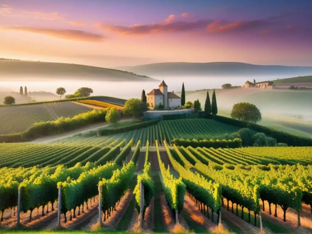 Un viñedo francés sereno al atardecer, con suaves hileras de uvas bañadas por la luz dorada del sol poniente