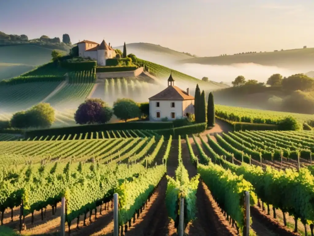 Un viñedo sereno al atardecer, con uvas maduras y hojas verdes brillantes, y al fondo, un château francés