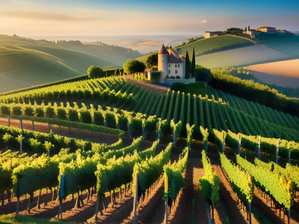 Un viñedo sereno al atardecer en Francia, con uvas Chardonnay doradas