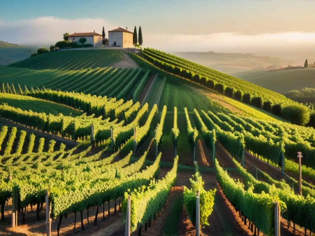 Viñedo sereno al atardecer en Borgoña, Francia, con vides verdes y cálida luz dorada