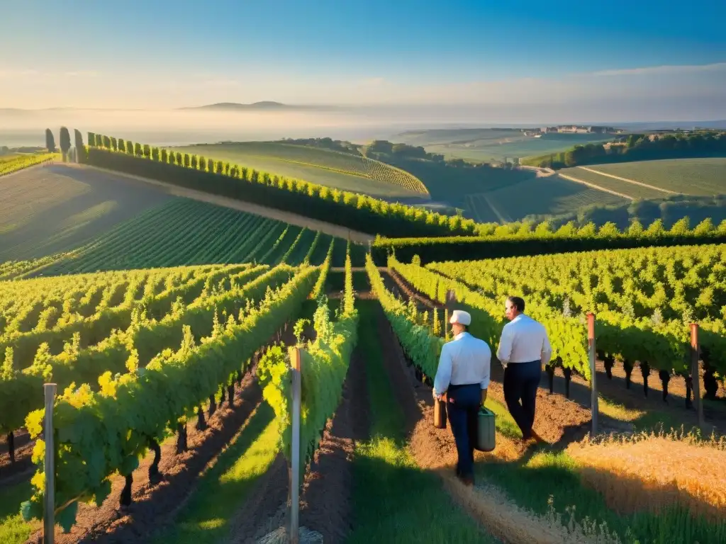 Un viñedo sereno en la campiña francesa con sommeliers inspeccionando uvas