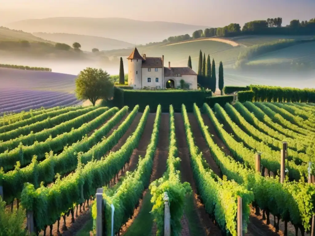 Un viñedo sereno en la campiña francesa en la mañana brumosa, con vides verdes bajo el sol naciente y un château rústico