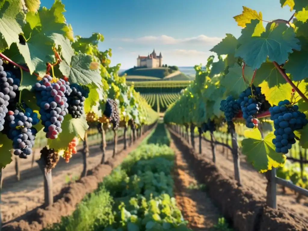 Un viñedo sereno en la región de Champagne, Francia, con vides exuberantes bajo un cielo azul