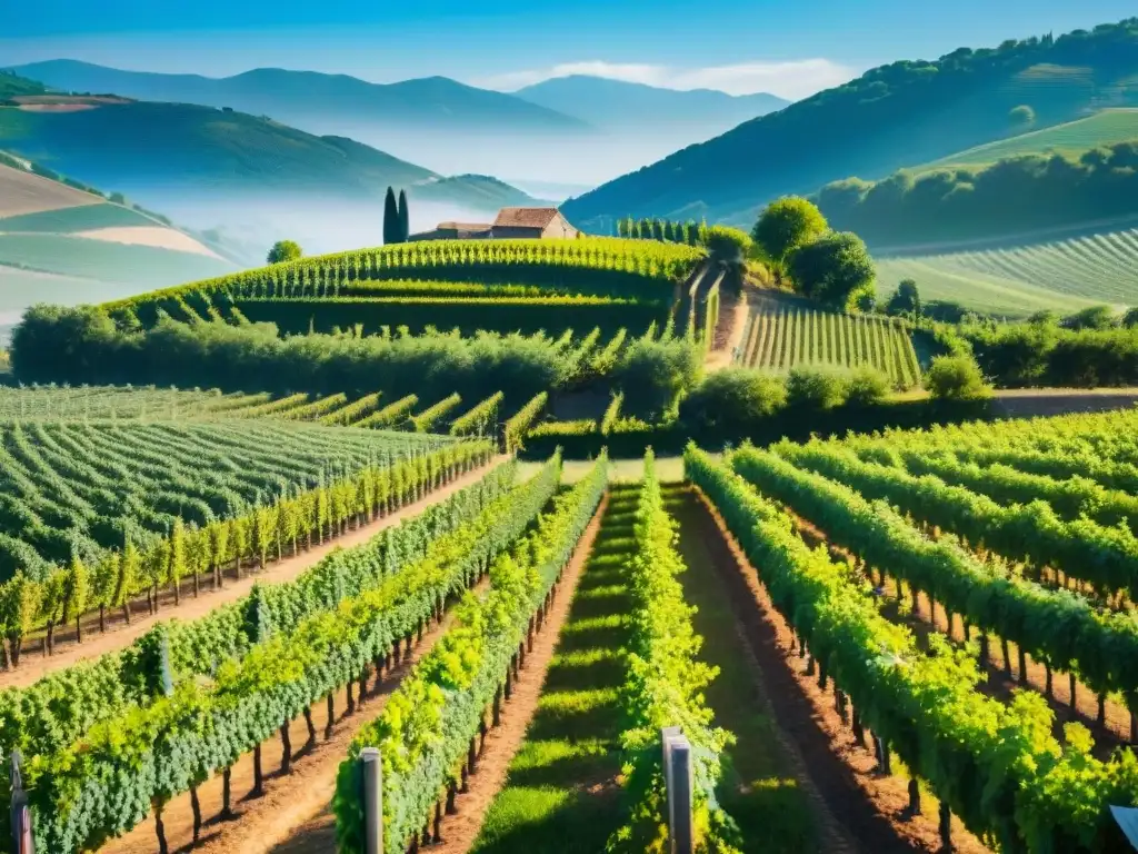 Un viñedo sereno en Francia con filas de uvas vibrantes bajo el cielo azul