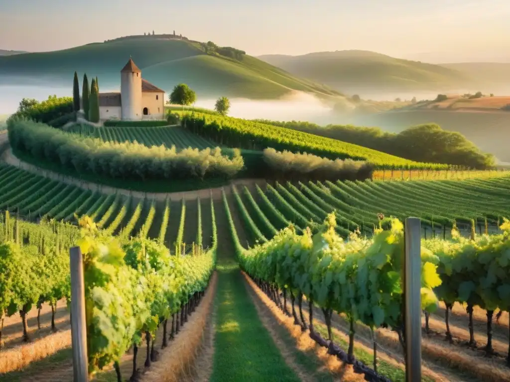 Viñedo sereno al amanecer en Francia: filas verdes de vides bajo la luz dorada del sol, con un castillo histórico al fondo