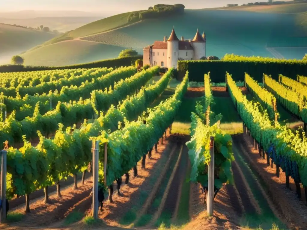 Viñedo sereno al amanecer en Francia, con vides exuberantes y luz dorada