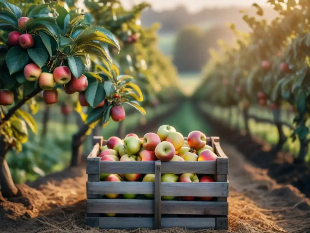 Un viñedo de sidra francés al atardecer: manzanos cargados de fruta madura y una caja rústica llena de manzanas recién recolectadas