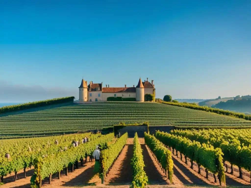 Viñedo francés del siglo XIX con trabajadores en trajes tradicionales, château de piedra y viñedos bajo cielo azul