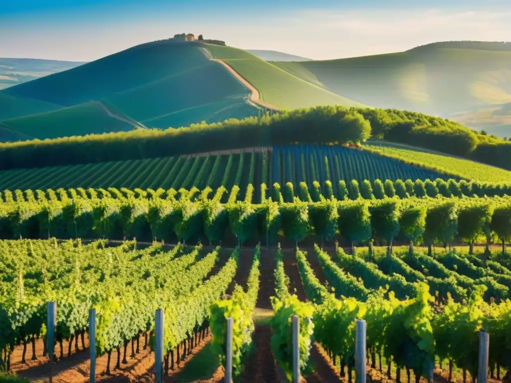 Viñedo soleado en Borgoña con uvas Pinot Noir, evocando la autenticidad de los vinos emblemáticos de Borgoña