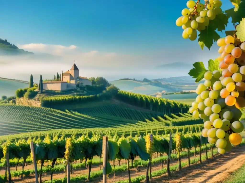 Viñedo soleado en la campiña francesa con uvas Chardonnay doradas