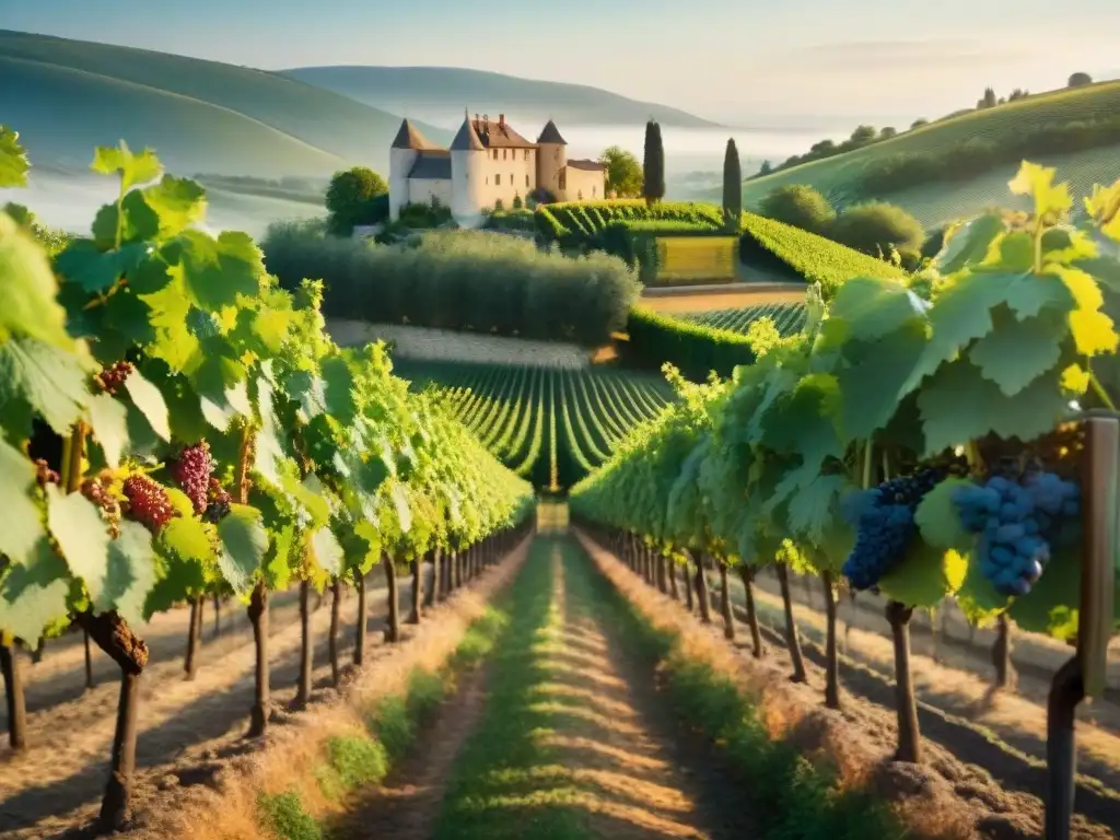 Un viñedo soleado en la campiña francesa con uvas maduras y un chateau de piedra al fondo