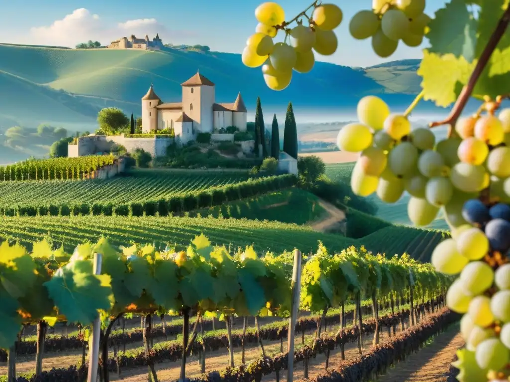 Un viñedo soleado en la campiña francesa con vides repletas de uvas blancas maduras