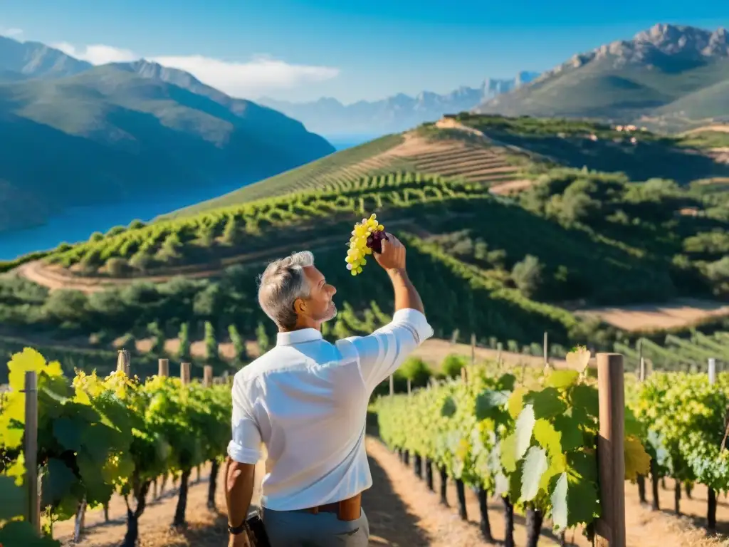 Un viñedo soleado en las colinas de Córcega con un viticultor inspeccionando uvas