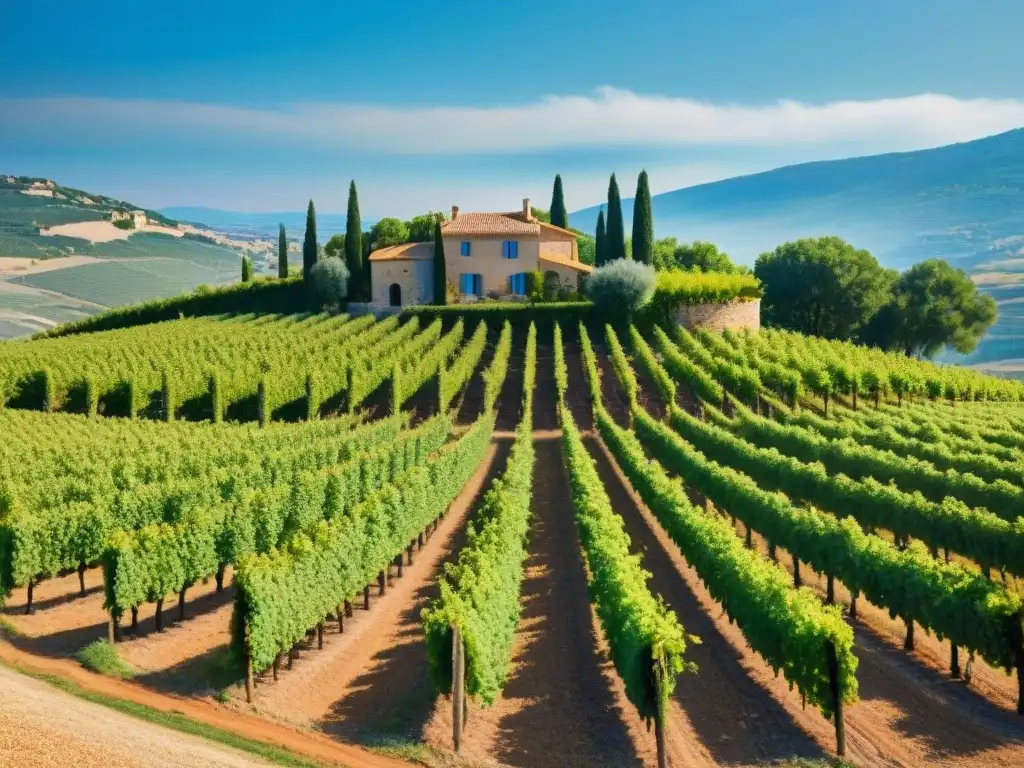 Viñedo soleado en la región de la Provenza, Francia, con filas de uvas y casa de piedra tradicional