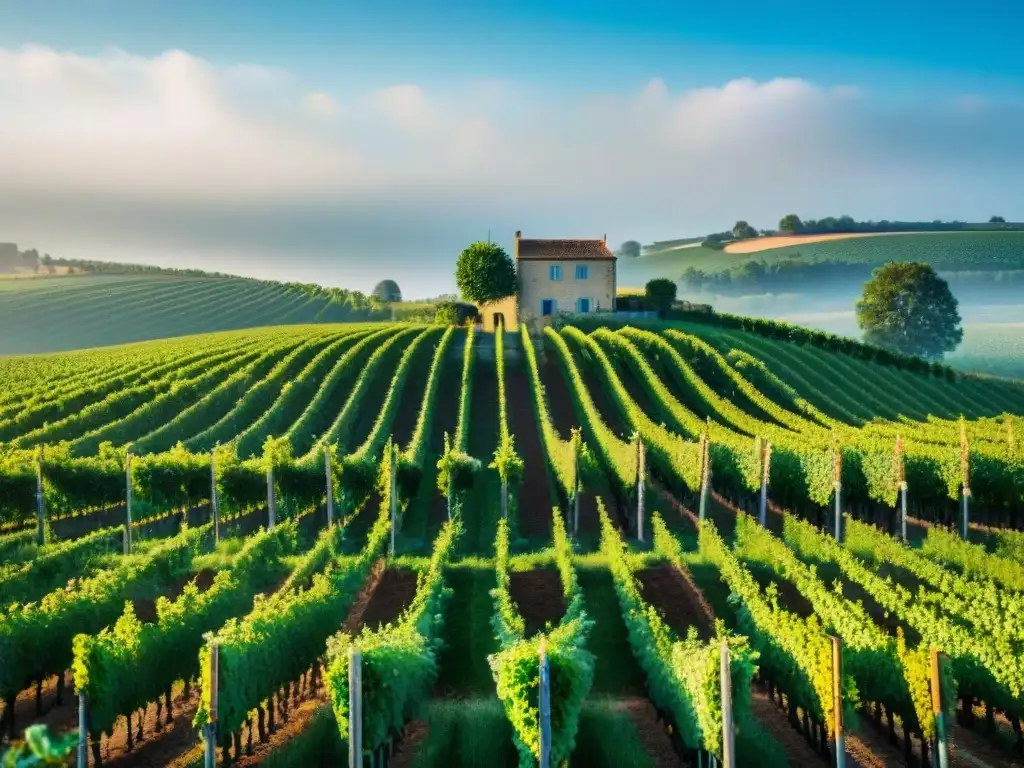 Viñedo sostenible en Francia: filas de viñedos verdes bajo cielo azul, casa de piedra y flores silvestres