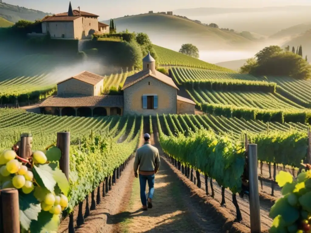 Viñedo francés al amanecer, muestra práctica sostenible y tradicional en la fermentación de vino