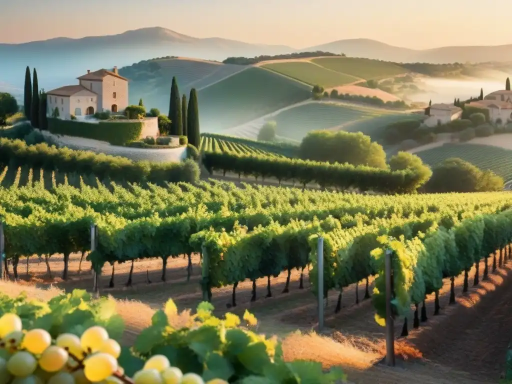 Un viñedo en el sur de Francia al atardecer, con uvas rosadas maduras y un château de piedra