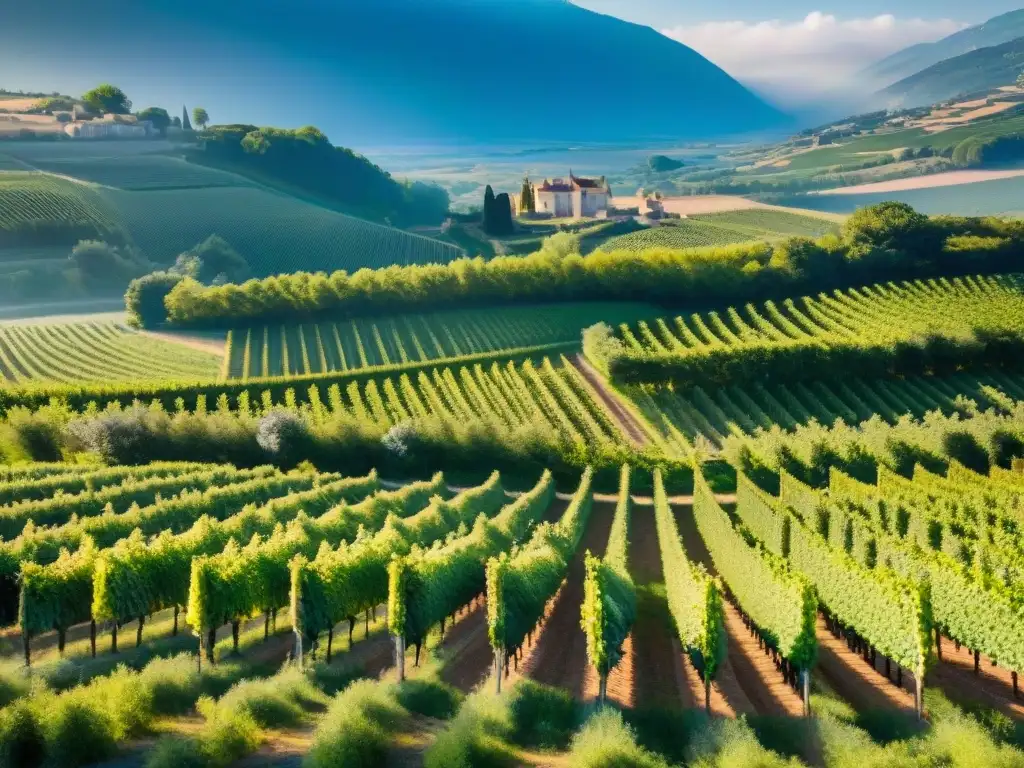 Un viñedo en el suroeste francés: vista aérea impresionante de interminables campos verdes, un viticultor cuidando las vides con destreza