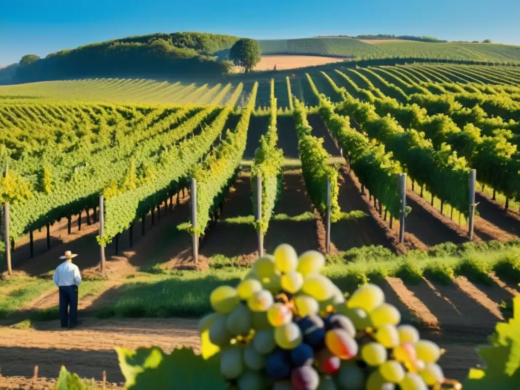 Vivid viñedo francés, trabajadores en trajes tradicionales, reflejando historia y arte en Vinos blancos franceses evolución histórica