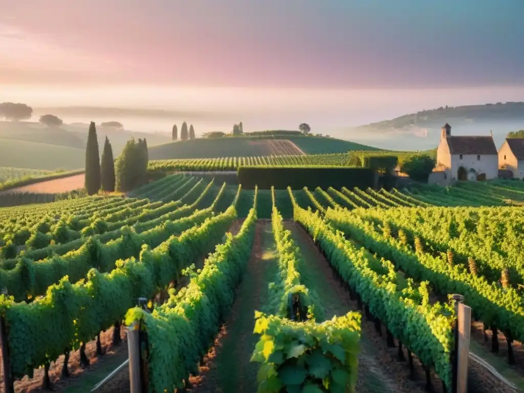 Viñedo francés al amanecer con trabajadores cosechando uvas y bodega de piedra al fondo