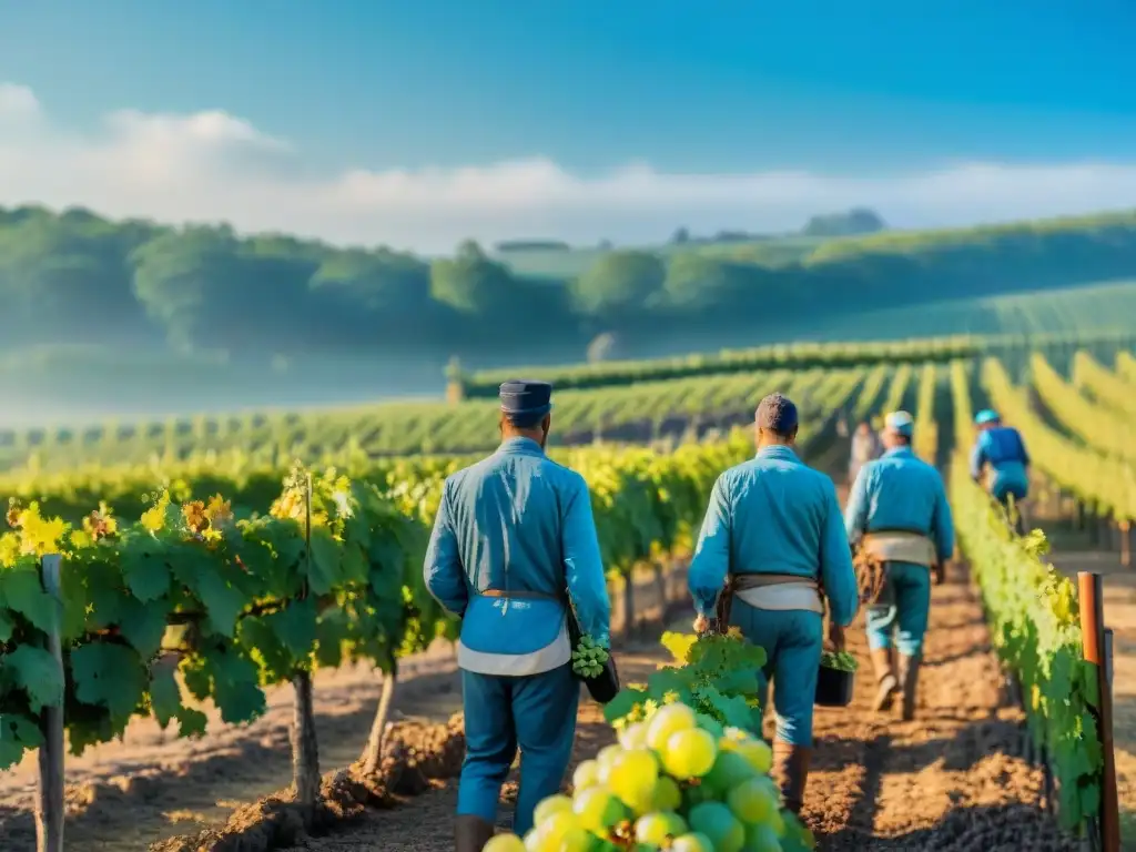 Un viñedo en Francia con trabajadores cosechando uvas, bajo un cielo azul y restos de una batalla histórica