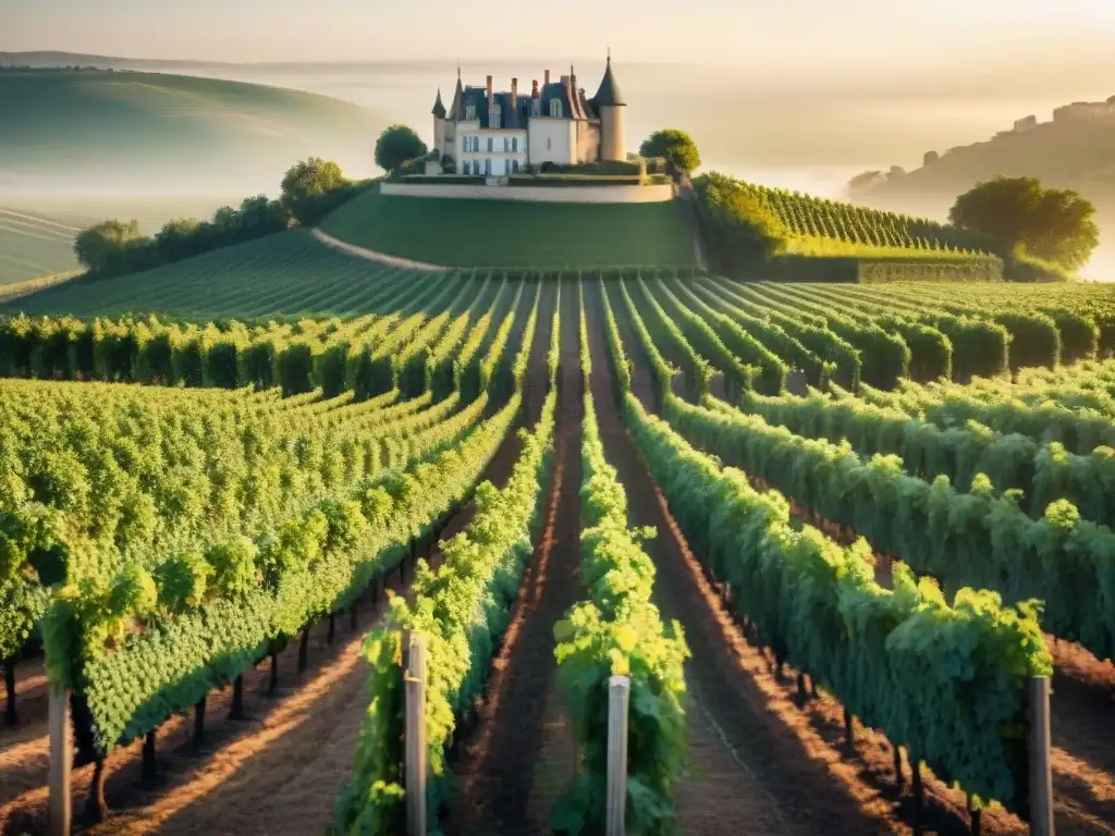 Viñedo francés al amanecer con trabajadores cuidando las uvas, château histórico al fondo, historia de la evolución de la cocina francesa