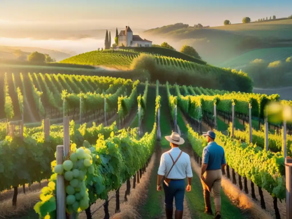 Viñedo francés al amanecer con trabajadores recolectando uvas, chateau y letrero 'Vinos Biodinámicos', evocando tradición y calidad