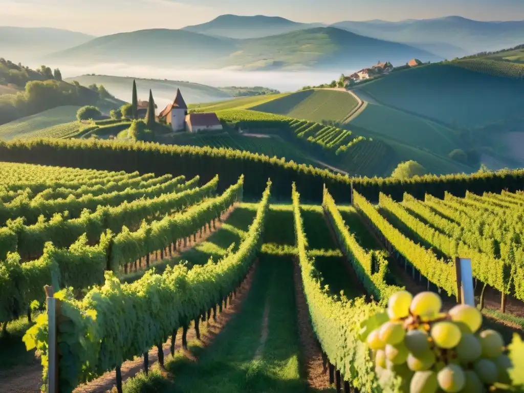 Un viñedo tradicional alsaciano en la primera luz del día, con filas de uvas verdes hacia el horizonte y los montes Vosgos envueltos en neblina