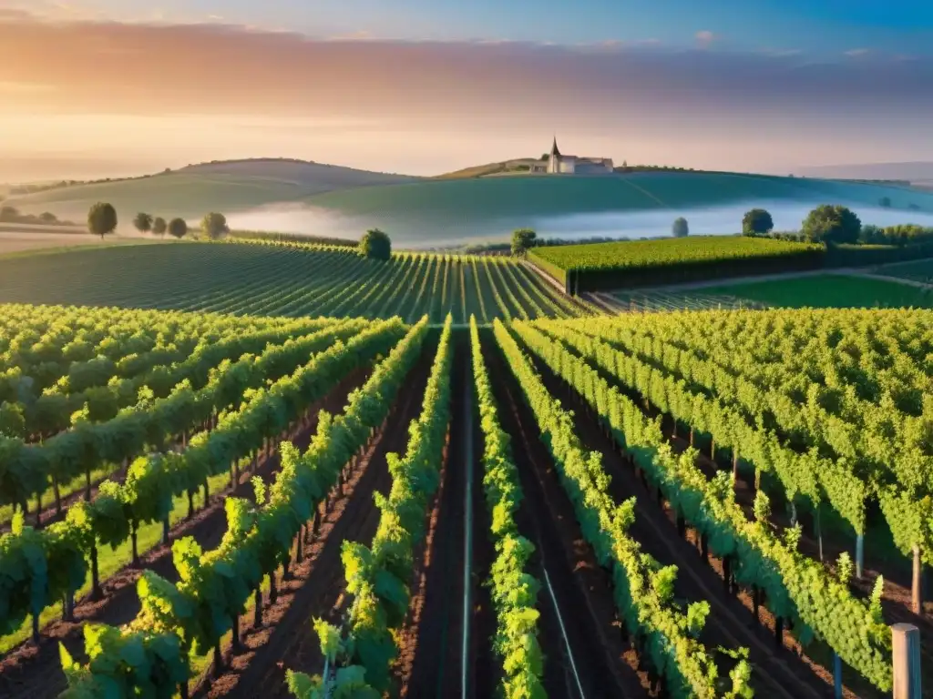 Un viñedo tradicional francés al atardecer, con métodos de producción sostenible