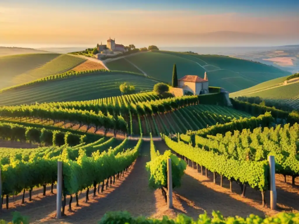 Un viñedo francés tradicional al atardecer, con uvas maduras y cálida luz dorada