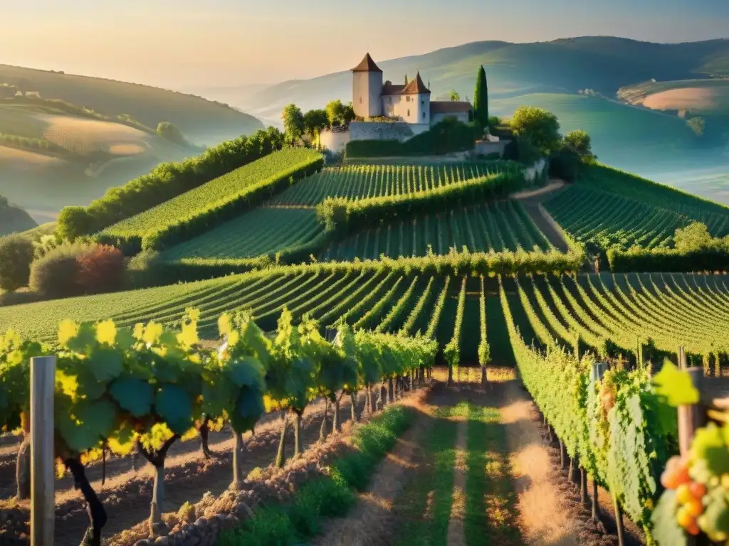 Un viñedo francés tradicional al atardecer, con vides orgánicas y un antiguo chateau al fondo