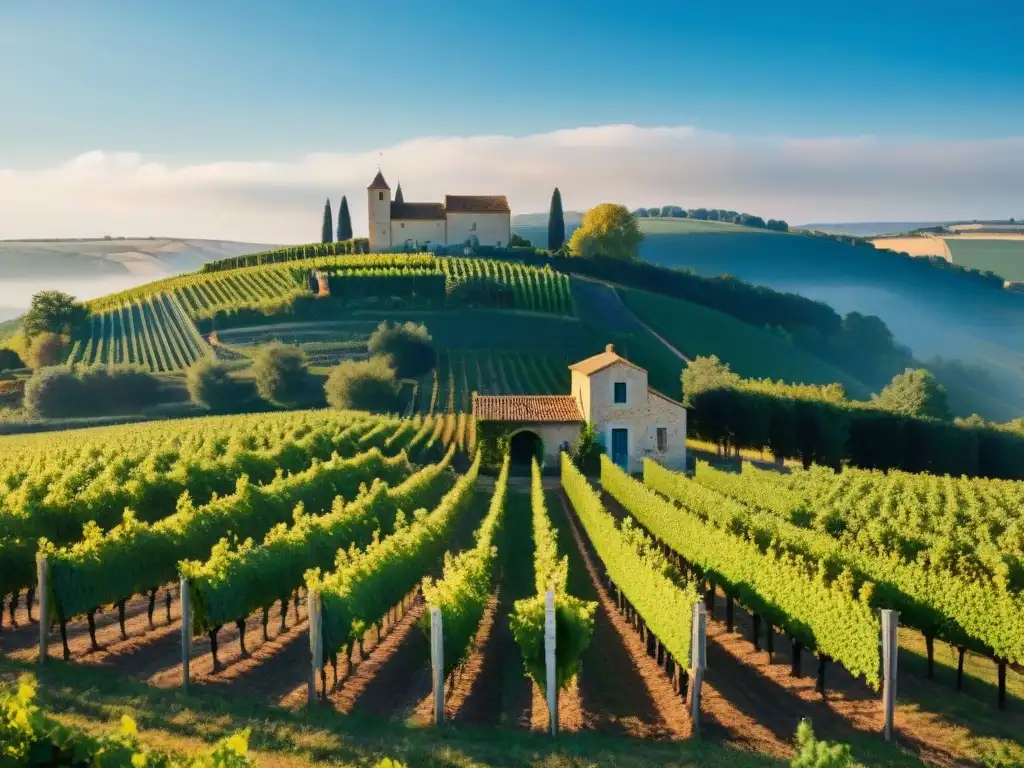 Un viñedo francés tradicional en plena cosecha, reflejando la transformación del vino francés y su conexión con la gastronomía