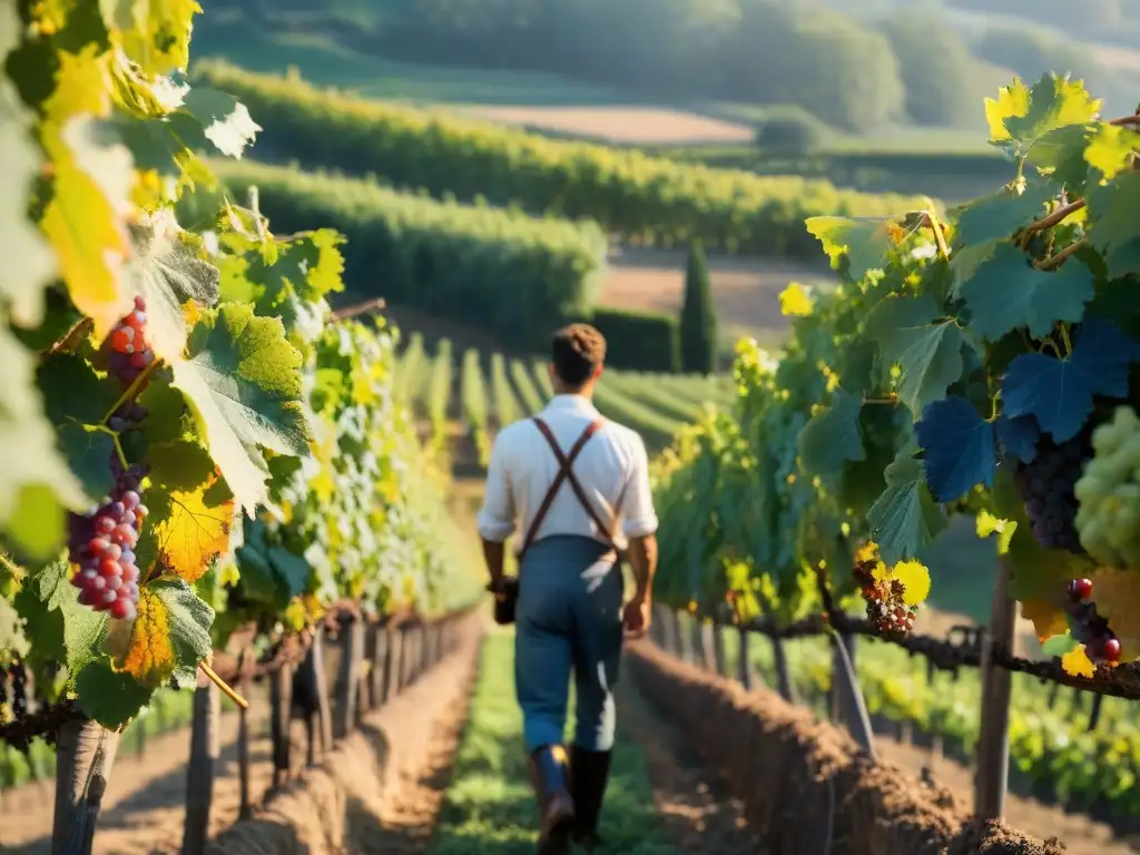 Un viñedo francés tradicional durante la vendimia, con viticultores cosechando uvas bajo el sol