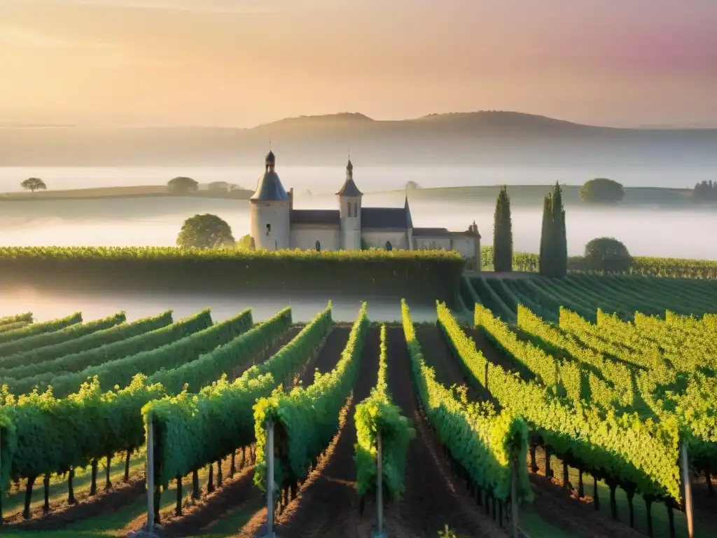 Un viñedo tradicional de Burdeos al amanecer, con sus verdes vides y un castillo al fondo