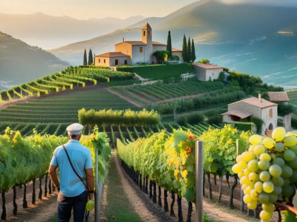 Un viñedo tradicional corsé en atardecer, con viñedos, bodega y viticultor