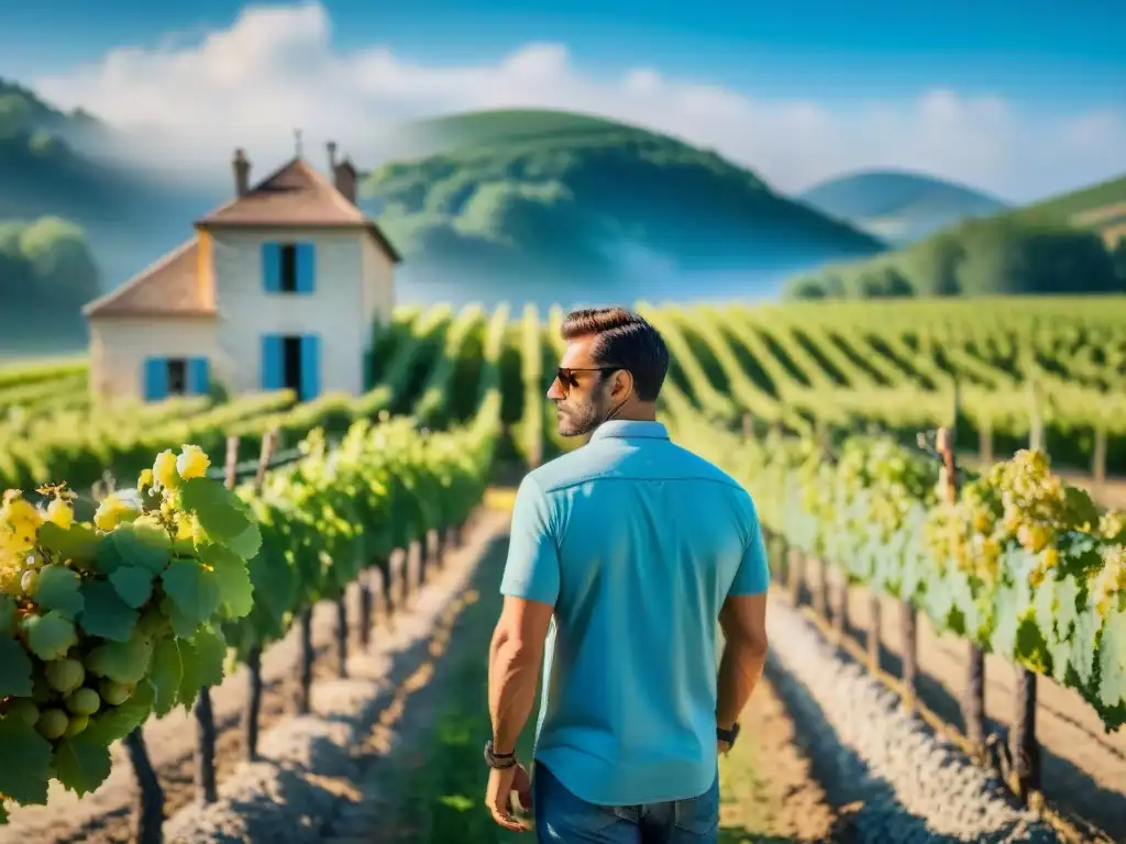 Un viñedo francés tradicional con viñedos verdes, cielo azul y un viticultor inspeccionando uvas