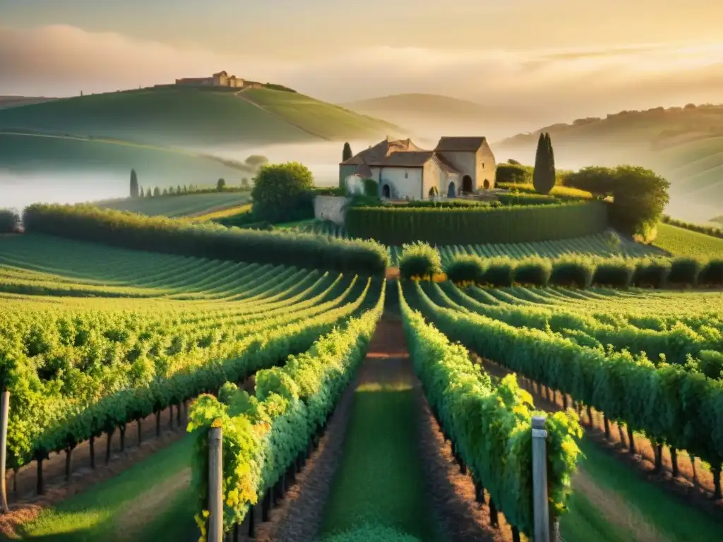 Viñedo francés al amanecer con uvas bañadas de rocío, resplandeciendo en tonos de verde y oro