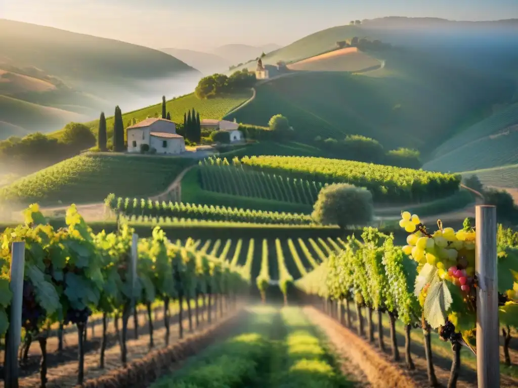 Un viñedo francés al amanecer, donde se cultivan uvas blancas orgánicas, reflejando pasión y tradición en la producción de vinos blancos franceses