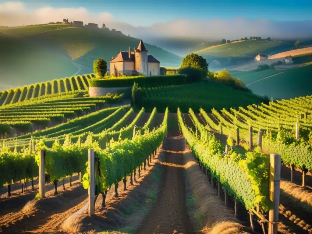 Viñedo francés al amanecer con uvas Chardonnay maduras brillantes de rocío