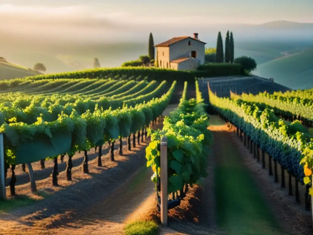 Viñedo francés al amanecer con uvas Chardonnay orgánicas y bodega de piedra, evocando la serenidad de los vinos blancos orgánicos franceses