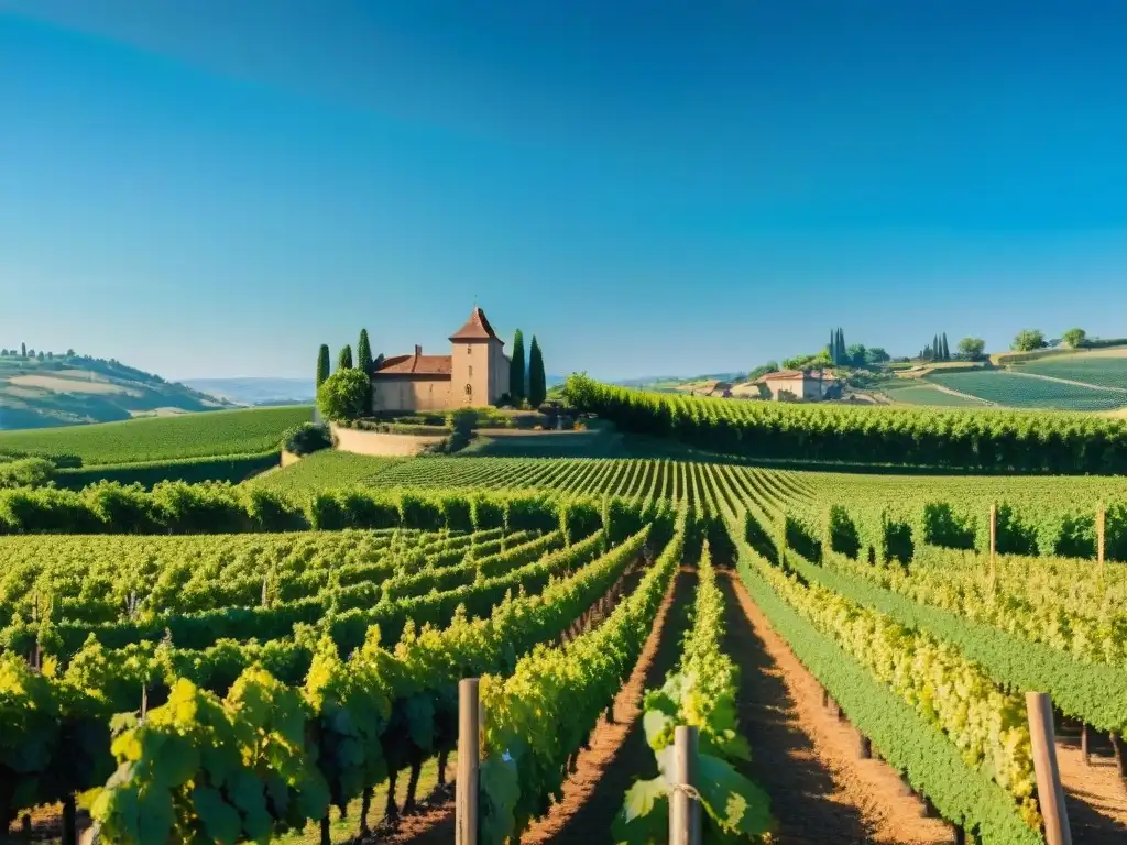 Un viñedo en la región de Beaujolais, con uvas Gamay jóvenes y un château francés entre la vegetación