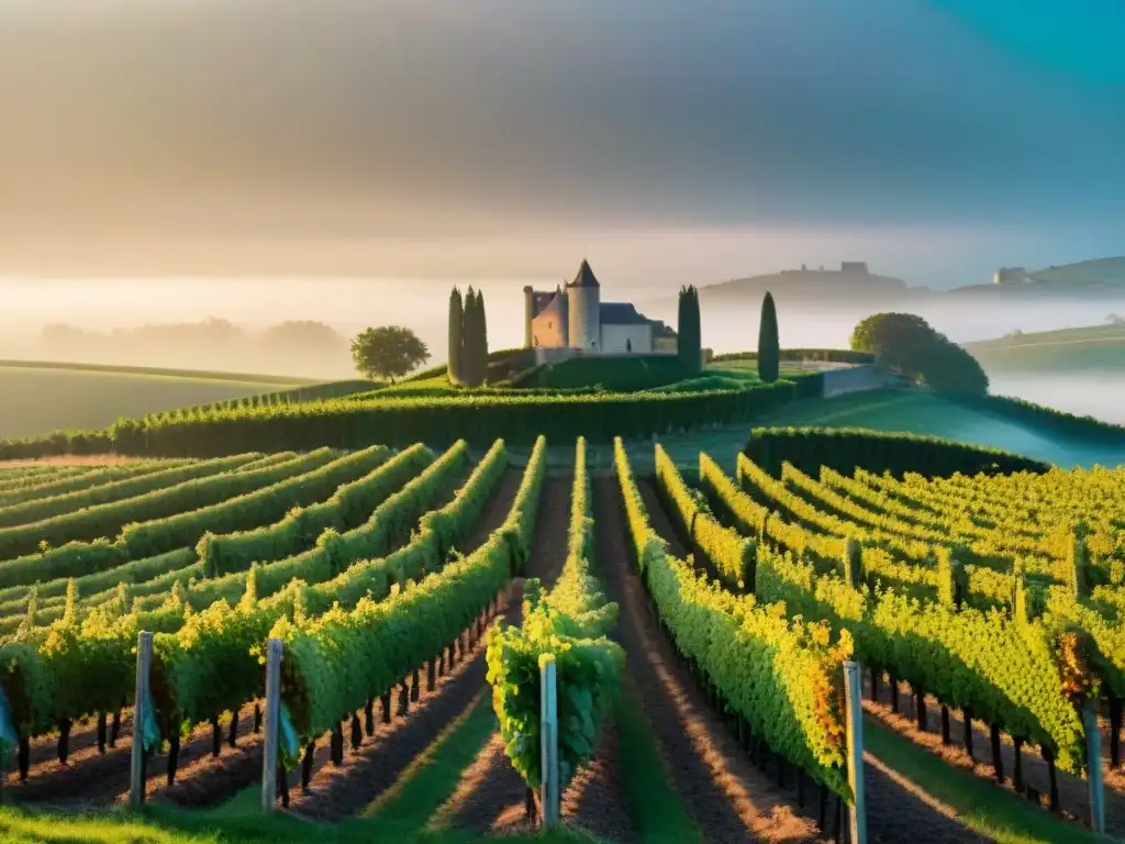 Viñedo tradicional francés al amanecer, uvas maduras brillando con rocío