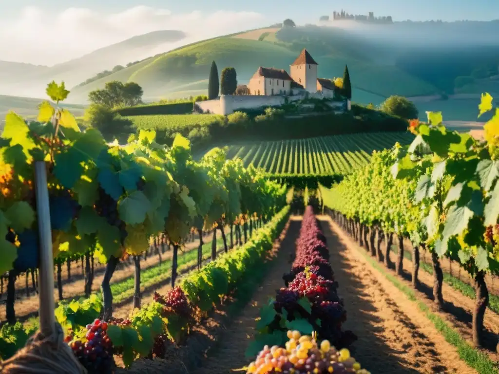 Viñedo en Francia con uvas moradas brillantes, château al fondo