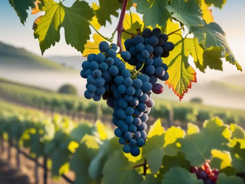 Viñedo en Francia al amanecer, con uvas orgánicas y colores vibrantes, simbolizando la revolución de los vinos orgánicos Francia