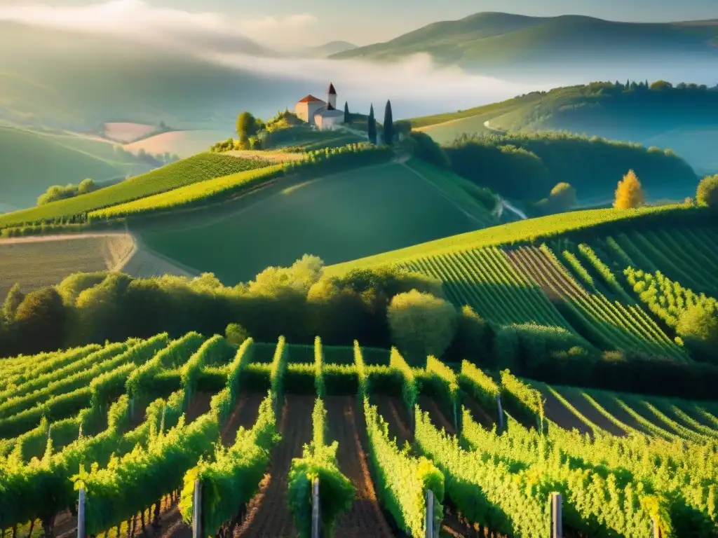 Viñedo en Jura, Francia, con uvas Savagnin, Trousseau y Poulsard brillando, reflejando los vinos únicos de Jura Francia