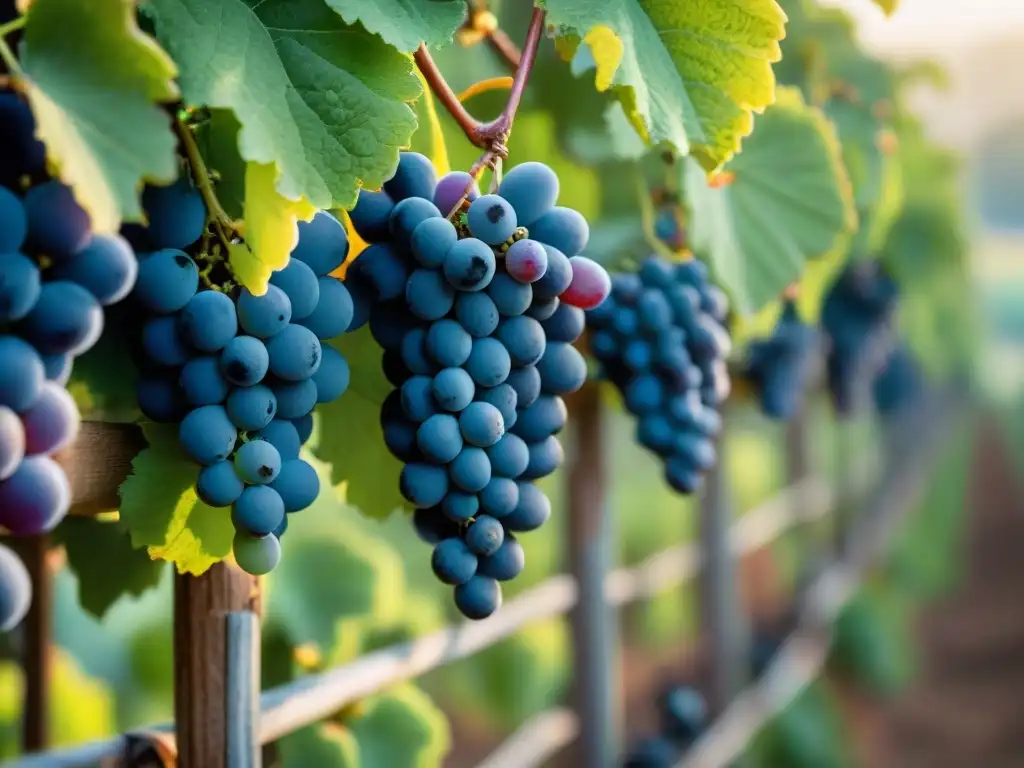 Viñedo francés al amanecer con uvas púrpuras brillantes, destacando la vinificación biodinámica en gastronomía francesa