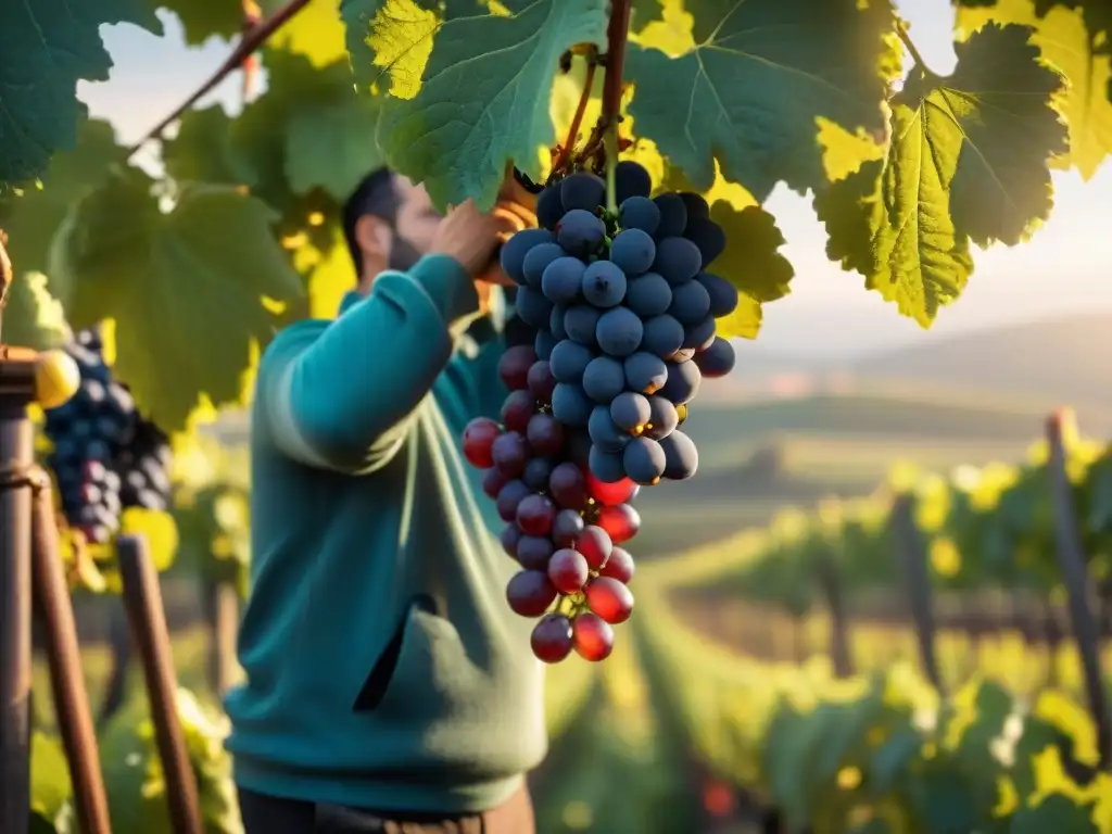 Un viñedo francés al amanecer con uvas rojas maduras y un enólogo inspeccionando, proceso creación vino tinto francés