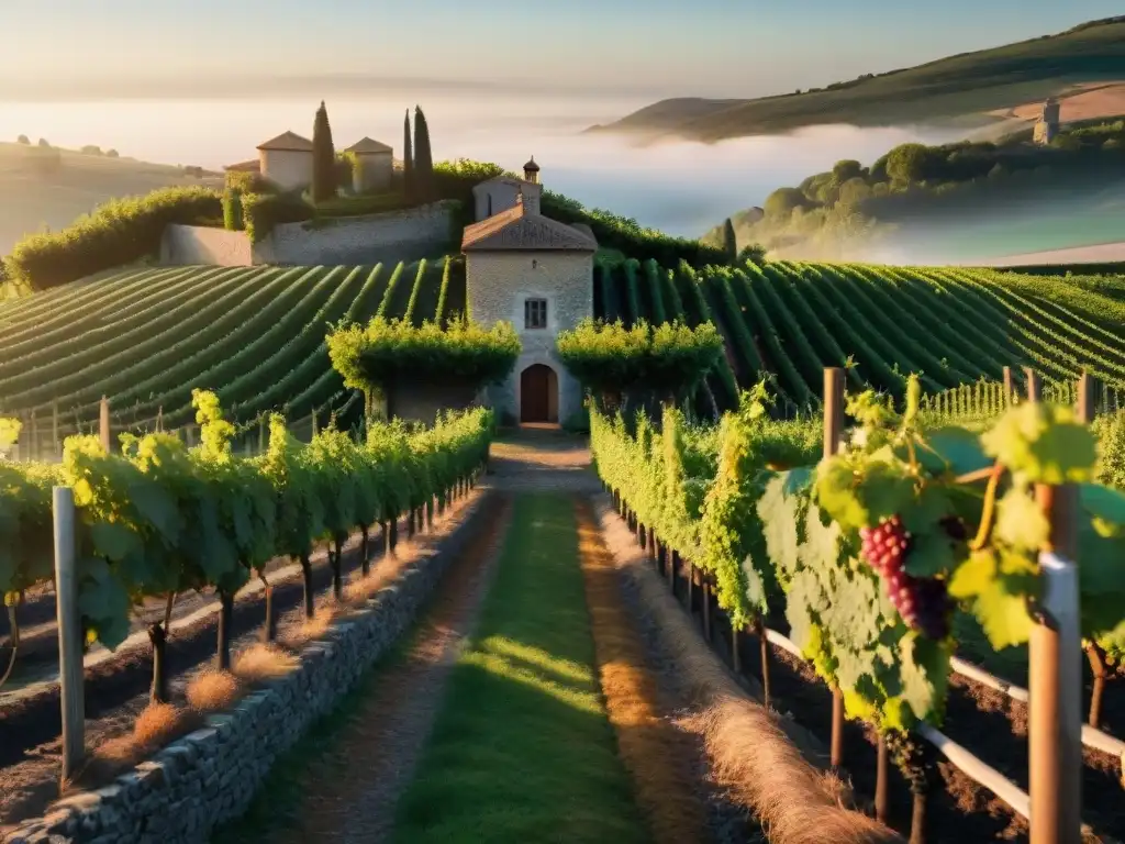 Viñedo francés al amanecer con uvas rojas maduras en vides, cabaña de piedra y jardines florales